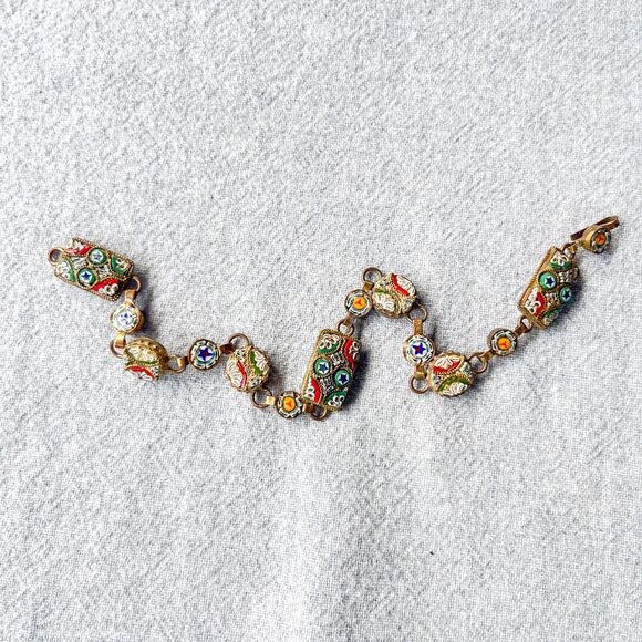 Antique Italian Micro Mosaic Bracelet - Gilt Brass - Estate Costume Jewelry - Picture 2 of 16